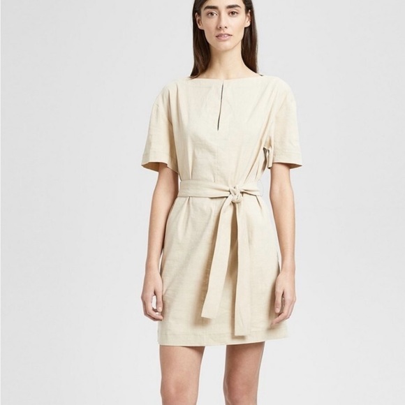 Theory Organic Crunch Linen Belted Shift Dress 10 Light Wheat Office/Work NEW! - Picture 1 of 9